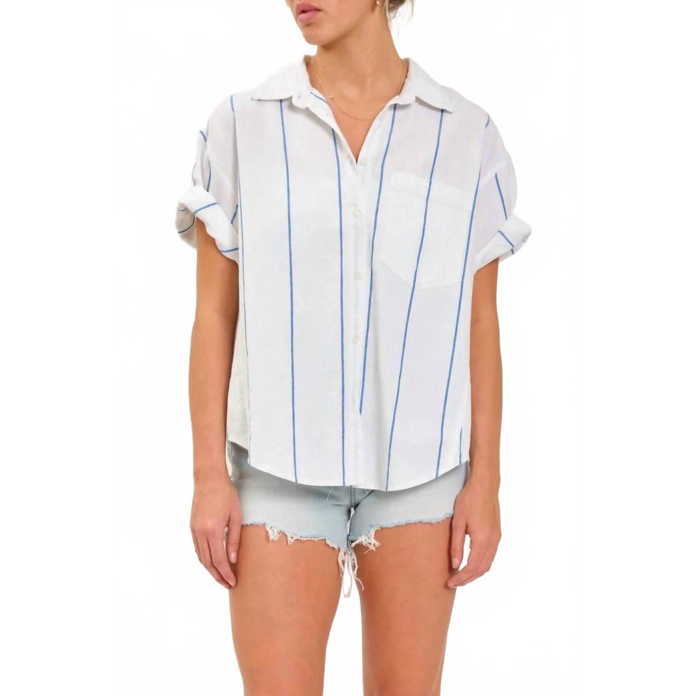 NEW DAZE boyfriend button up short sleeve shirt in white/blue